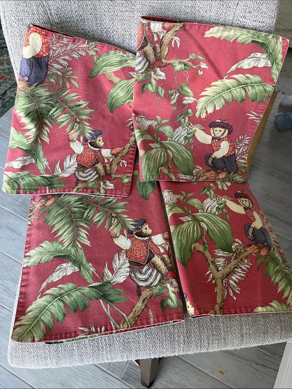 4 Copacabana monkey toile place mats P Kaufmann fabric tropical jungle designer